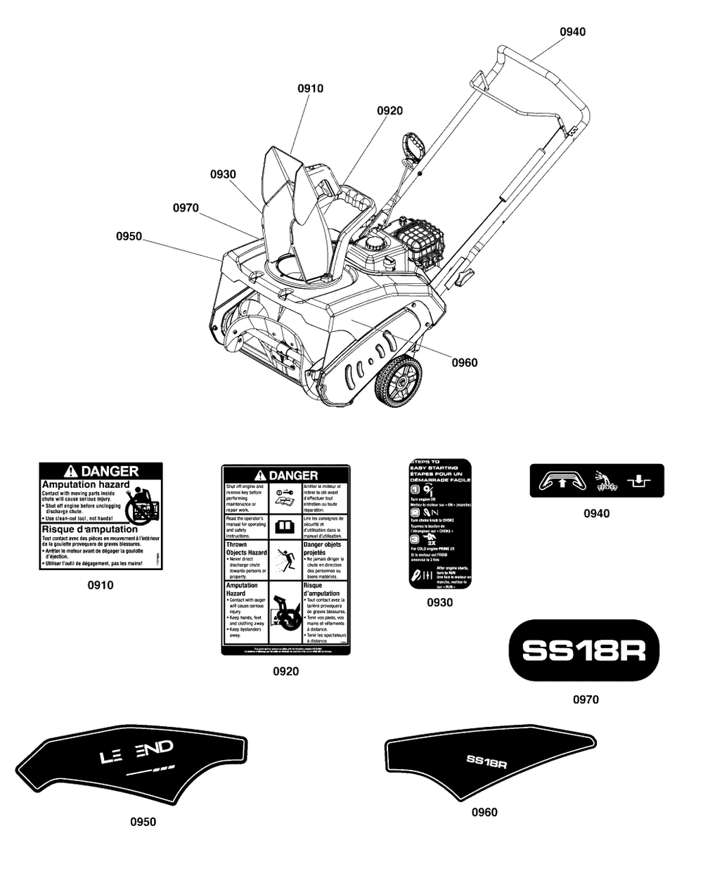 Decals Group Legend Diagram and Parts List for SS18R (1697348-01)(2020) Briggs and Stratton Snow Blower
